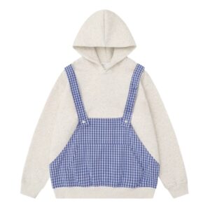 Fake Two-Piece Hoodie with Plaid Suspenders