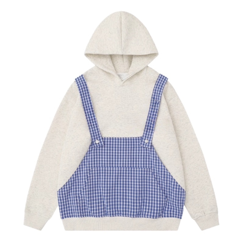 Fake Two-Piece Hoodie with Plaid Suspenders